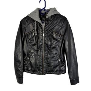 J2 Women Medium Black Faux Leather Jacket Fur Lined Zip Pockets Removable Hood